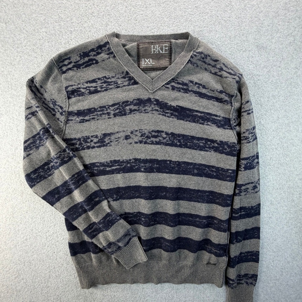BKE Mens XL Gray Navy Blue Distressed Striped V-Neck Cotton Sweater NS12